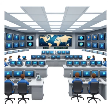 space mission control room with multiple screens and operators at desks sticker
