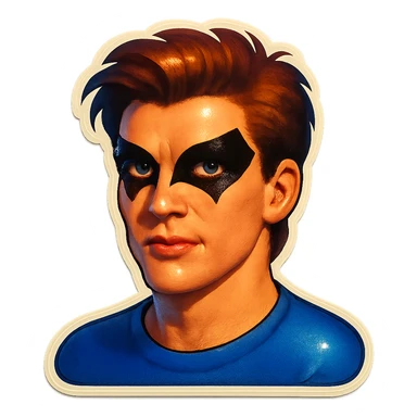 non-female subject with emphasized black, angular eye makeup, retro sticker style, subject inside image borders, high quality sticker