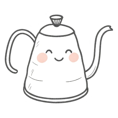 hand-drawn pour-over kettle, full body, blushing cheeks, soft pastel colors sticker