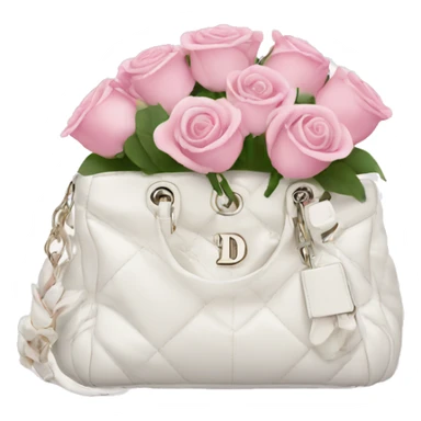 white dior bag with pink roses bouquet sticker