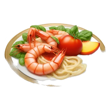 plate with tomato coulis; shrimps and peaches on top; in a plate sticker
