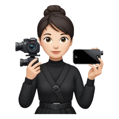 middle aged woman photographer with dark hair in a bun, wearing black clothes, carrying a canon r5 and an iPhone on a gimbal sticker