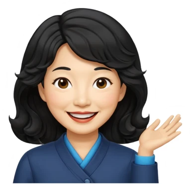 60 yr old asian woman, wavy thick black hair, side part, side swept bang, big smile sticker