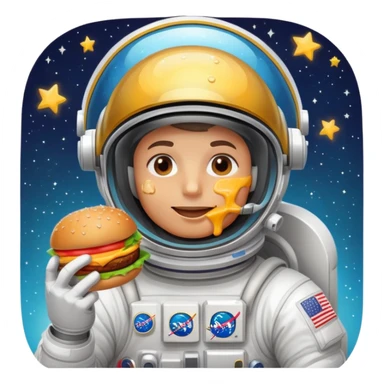 Astronaut floating in space, eating a juicy burger with cheese dripping, wearing a shiny helmet with a reflective visor, stars and Earth in the background, cartoonish style, vibrant colors, simple and fun emoji design. sticker