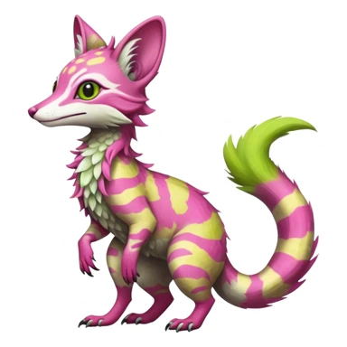 Feral Rare Fantasy   vivid tropical mango-lime-pink splash-patterned silky fur Vernid-Sergal-Genet-Trico-species by LiLaiRa, random markings, tufted tail, tufted ears, full body sticker