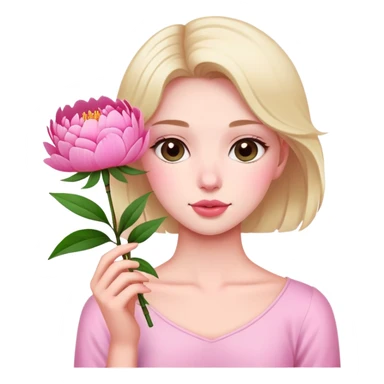 Upper body photo of a beautiful girl holding a peony flower sticker