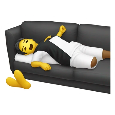 A person lying on a sofa, one leg crossed over the other, with hands behind the head, relaxing in a cozy setting, yellow emoji color skin, black t-shirt sticker