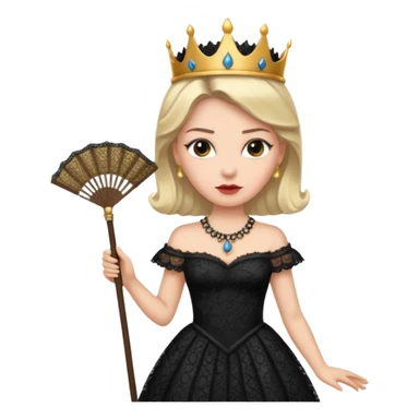 A stern queen with dark lace dress, holding a fan and observing with authority.
 sticker