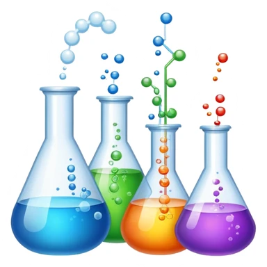 An icon featuring laboratory flasks with tubes, symbolizing chemistry. The design includes liquid and powder substances, a chemical reaction with bubbles, and molecular formulas, representing chemical processes like hydrolysis. Transparent background sticker