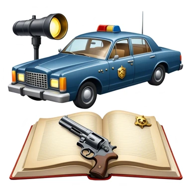 Icon for Action & Crime Reading: an open book with dramatic crime scenes—bullet holes on pages, a detective badge, a revolver and a getaway car. Surrounding elements include a flickering streetlight. Transparent background. sticker