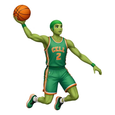 Cell from the anime-dragonball dunking a basketball with a jersey name cell sticker