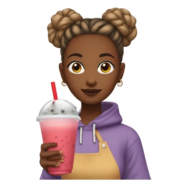 girl with her hair in a bun, wearing a red sweatshirt and holding bubble tea sticker