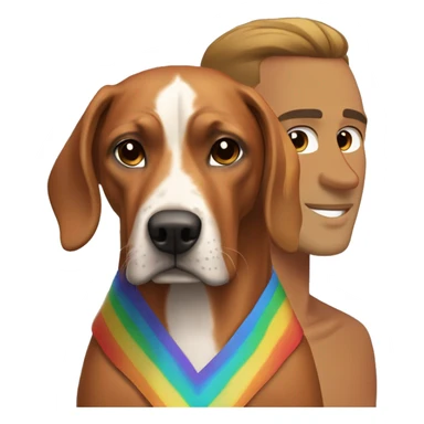 white male with long rainbow colored hair standing alongside a brown rhodesian ridgeback sticker