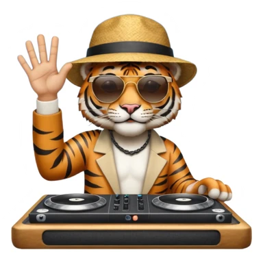 Un tigre con sombrero estilo cubano, una mesa de dj y gafas de sol. Una mano en la mesa de dj y la otra mano señalando al cielo a Dios. La otra mano encima de la mesa de dj por favor  sticker