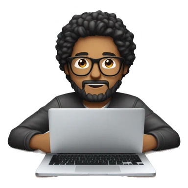 Designer with black hair, beard and glasses working with MacBook and drinking cappuccino ketchup bottle sticker