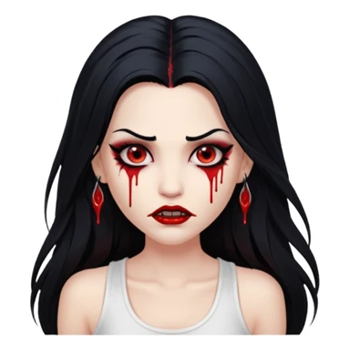 White woman with a white tank top long black hair glossy middle part long hair vamp look with fangs or blood dripping brown eyes eyeliner winged with lashes top and bottom sticker