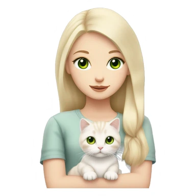 A girl with light blond hair and green eyes is holding a white Scottish Fold cat with green eyes, a pink nose, and folded ears. sticker