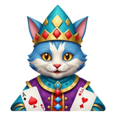 crazy colorful cute little cat jolly joker from poker, medieval, vintage, court jester, mac os icon, blue color, holds a single poker card sticker
