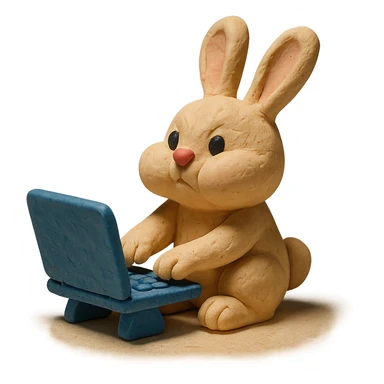 vanilla bunny typing fast, cheeks puffed, claymation style sticker