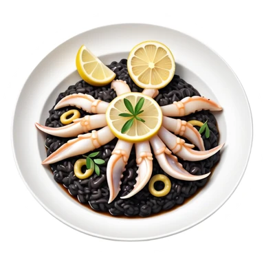 cinematic-realistic-black-risotto-dish,-showcasing-lagre squid pieces-rendered-with-bold-textures-and-dynamic,-dramatic-lighting in a white plate with a single slice of grilled lemon on top sticker