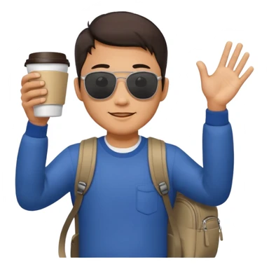 An asian man wearing sunglasses and carrying a backpack, holding a cup of coffee and waving his hand (in greeting) sticker