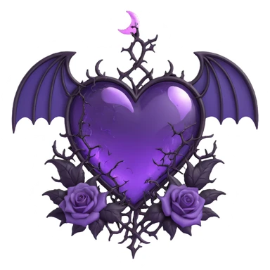 gothic heart made of purple glass with crescent moon with bat wings, black roses entwined with thorns, glowing lightning, pouring rain, shattered cracked glass texture sticker