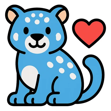 snow leopard with blue fur, white spots, and a heart sticker