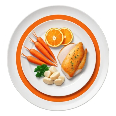 A plate with chicken, fish fillet, and bright orange carrots, with vitamin A nutrition labels sticker