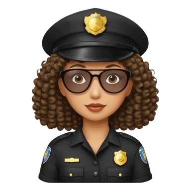 woman police wearing black dress with sun glasses curly hair and hat sticker