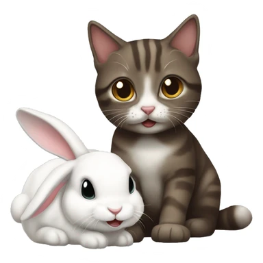 One dark brown, white tabby cat playing with their white bunny sticker