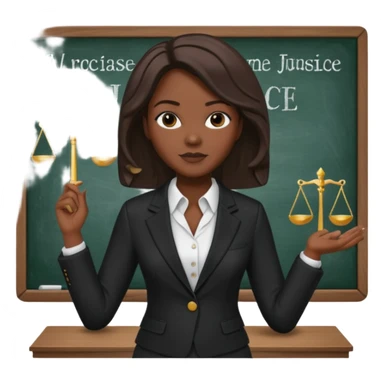 Black teacher/professor looking like the fictional character Annalise Keating from How To Get Away With Murder, holding a statue of justice and with a school black board in the background sticker