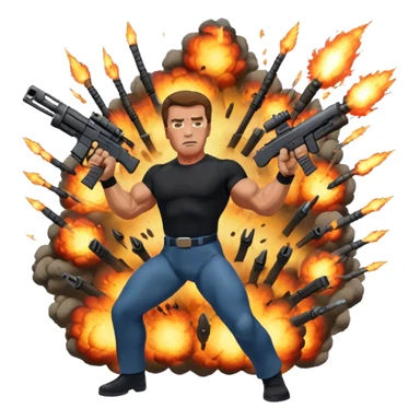 Icon for Action Movies: Arnold Schwarzenegger in the lead role, in an intense action pose with weapons, explosions, and dramatic background. The design should evoke the classic action movie feel with muscle-bound heroes and high-energy sequences. Transparent background. sticker