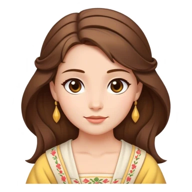 Cinematic Serene Belle Portrait Emoji, rendered in a simplified vector style. Depict a gentle Belle (chest and above) with fair, glowing skin, softly cascading brown hair, and a calm, inviting expression, dressed in her traditional village dress. The image exudes a soft, luminous glow and is outlined with a subtle, warm light. sticker