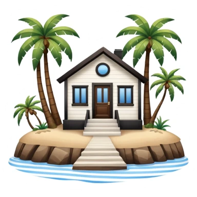 A full square 1 by 1   white and blue stripe house horizontally with brown wooden door on a island with palm trees  sticker