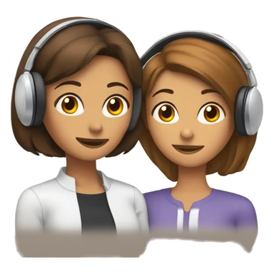 woman with brown, short hair wearing wired headphones sitting next to a woman with long brown hair resting her head on the other woman’s shoulder sticker