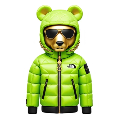 perfectly crafted bearbrick with authentic geometric shape, premium lime balaclava with professionally integrated dark visor lens, Supreme x North Face collaboration puffer jacket with luxurious fur trim, multiple detailed gold chains, ultimate collector's piece sticker
