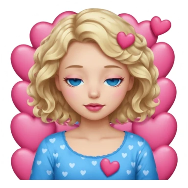 Girl Blonde short wavy hair,  blue eyes, cute blue top, long lashes, pink lips, sleeping eyes closed, hearts  sticker