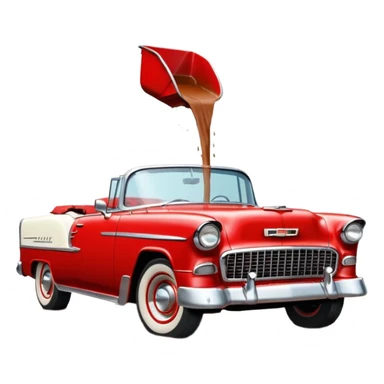 1955 Chevrolet Bel Air Convertible, Red-White color, with a bucket of brown mud pouring down on it, and the car itself is all dirty. 32x32 pixels, aspect ratio: 1:1 sticker