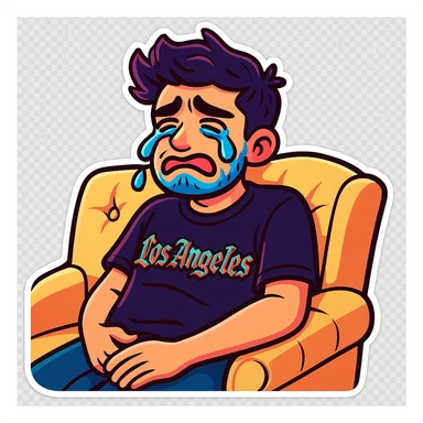 Convert the photo to a cartoon sticker in the style of Flux Pro with a crying expression and transparent background. The style should reflect the vibrant and pop colors typical of Flux Pro cartoon stickers. sticker