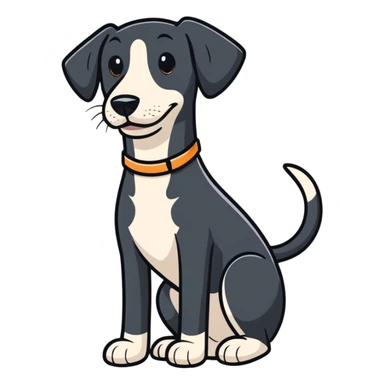 shorthaired black hound dog with white on chest, nose, and paws, full body, happy expression sticker