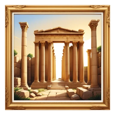 Baalbek temple – Cinematic Realistic Baalbek Temple, depicted as an ancient Roman temple complex with towering columns and intricately carved stone details, bathed in golden sunlight and dramatic shadows that evoke timeless historical grandeur. sticker