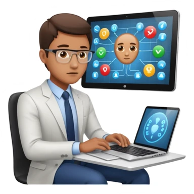 bussiness man technologist working on a laptop watching graphics sticker