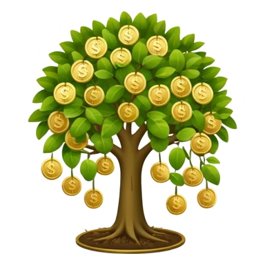 Apple-style money tree (not so mush coins), round soft green canopy.
No pot, no ground — only the tree.
Small gold coins as fruits inside the leaves (not below).
Flat 2D vector, clean shapes, no gradients.
Dark near-black background, premium fintech icon. sticker