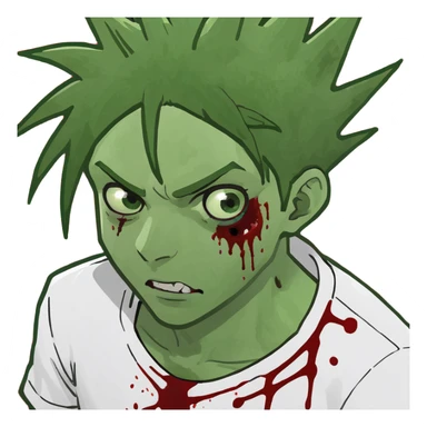 boy zombie emoji with pale whitish green skin, spiky anime hair, blood coming out of eyes, blood on white shirt sticker