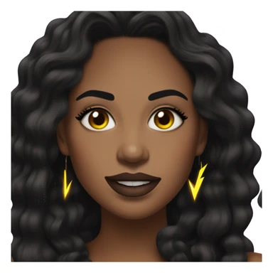 woman with medium, wavy black hair, dark brown eyes and long eyelashes, wearing neon lightning bolt earrings with a tongue piercing and a black top sticker