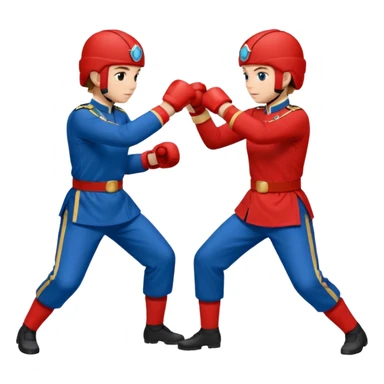 two peope sparring, red uniform and blue unidorm sticker