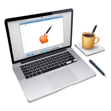 top view of a MacBook and a notebook with a pen nearby sticker