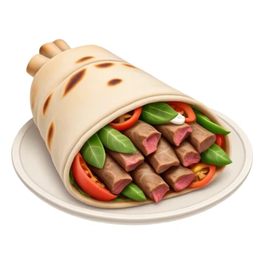Cinematic Realistic Gyros Dish Emoji, showcasing succulent, spiced meat wrapped in pita with fresh vegetables rendered with lifelike detail and dynamic, appetizing lighting. sticker