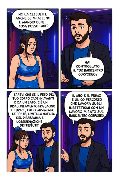 TRASFORMA QUESTO CAROSELLO IN UN FUMETTO STILE MANGA A COLORI CON QUESTE DUE PERSONE IDENTICHE CHE INTERLOQUISCONO TRA LORO:

LEI: Ho la cellulite anche se mi alleno e mangio bene, cosa posso fare?

LUI: Hai controllato il tuo baricentro corporeo?
LUI: Sapevi che se il peso del tuo corpo cade in avanti o da un lato, c’è un disallineamento fra bacino e torace, che comprimendo le coste, limita la motilità del diaframma e l’ossigenazione dei tessuti?
LUI: Il mio è il primo e unico percorso che lavora sugli inestetismi con un lavoro mirato sul baricentro corporeo. sticker