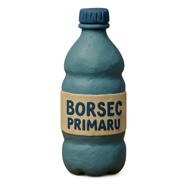 claymation style bottle of water with a label that says 'BorsecPrimaru' sticker